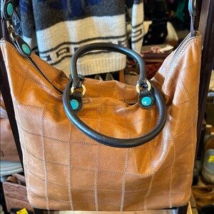 Tan Leather Handbag with Black Accents